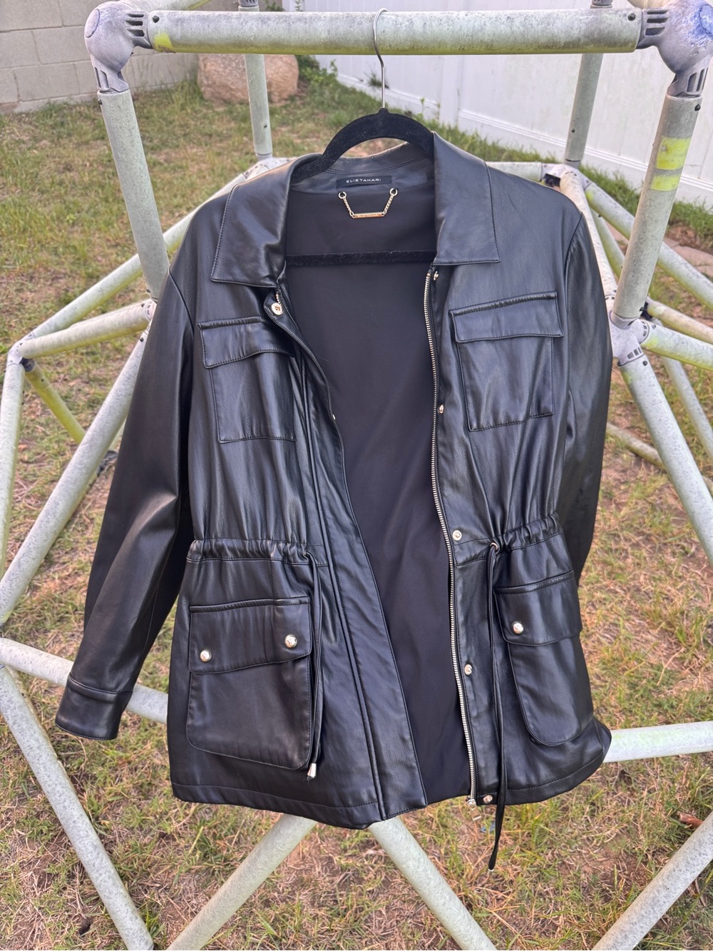 Elie Tahari faux leather f pocket draw strong black jacket gold hardware medium